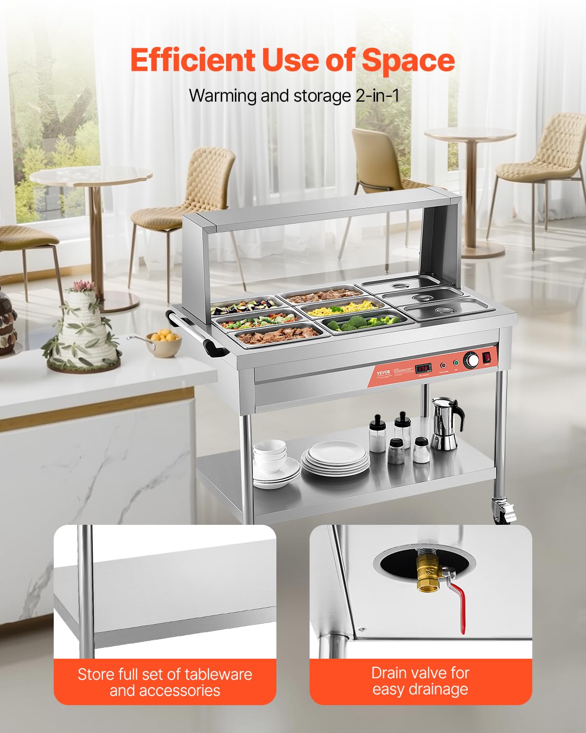 VEVOR 9-Pan Commercial Food Warmer, 9 x 1/3 Pans Electric Steam Table, 1500W Professional Buffet Catering Food Warmer with Shield Undershelf Wheels, Stainless Steel Server for Party Restaurant