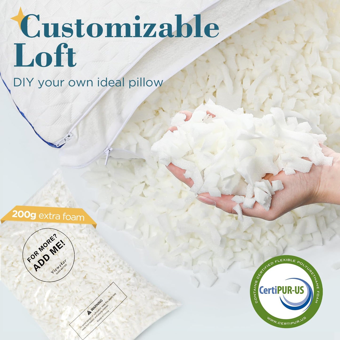 viewstar Shredded Memory Foam Pillows Queen Size Set of 2, Adjustable Firm Pillows for Side Back Stomach Sleepers, Washable Removable Cover