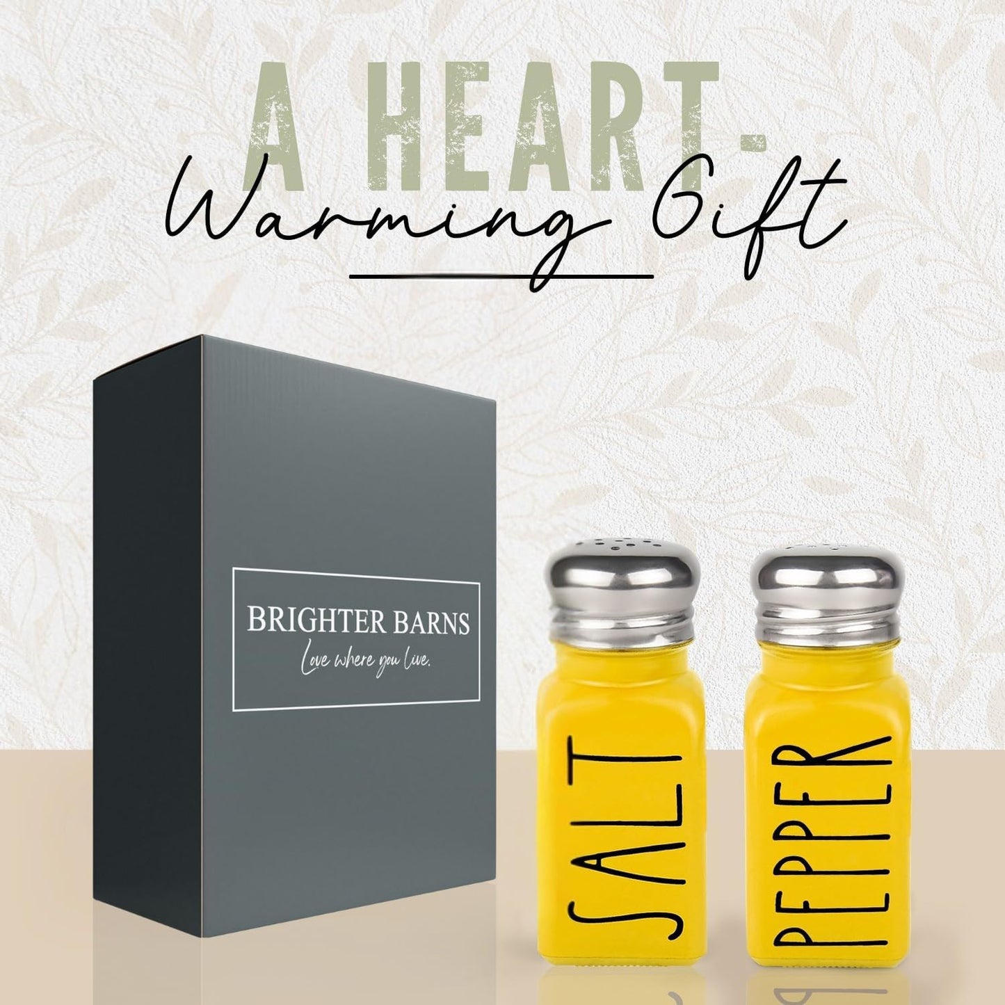 Yellow Salt and Pepper Shakers Set by Brighter Barns - Cute Kitchen Decor & Kitchen Accessories - Cute Glass Shakers - Farmhouse Decor for Home Restaurants Wedding Gift & Stainless Steel Lid (Yellow)