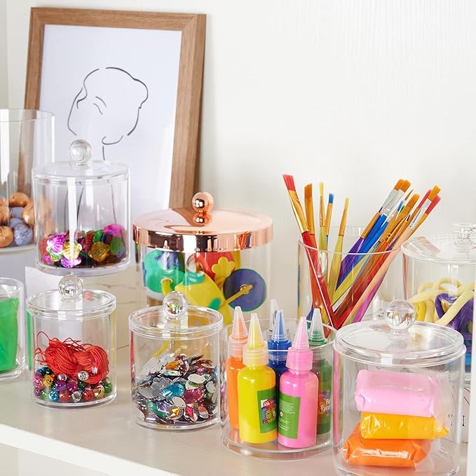 SheeChung 6 Pack Qtip Dispenser Apothecary Jars Bathroom with Labels - Qtip Holder Storage Canister Clear Plastic Acrylic Jar for Cotton Ball, Swab,Pads, Rounds,Floss Picks, Hair Clips (Clear)
