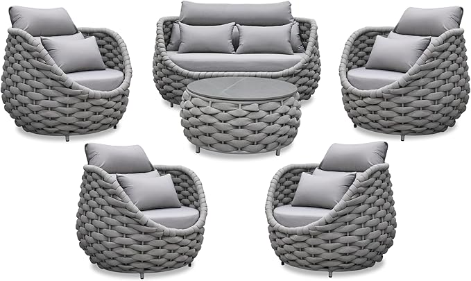 Erotr Rope Outdoor Patio Furniture Set: 6 Pieces Aluminum Porch Conversation Sofa Set - Modern Hand Woven Deck Couch Set Cushioned - No Assembly All Weather for 660lbs Yard Garden Lanai Hotel, Gray