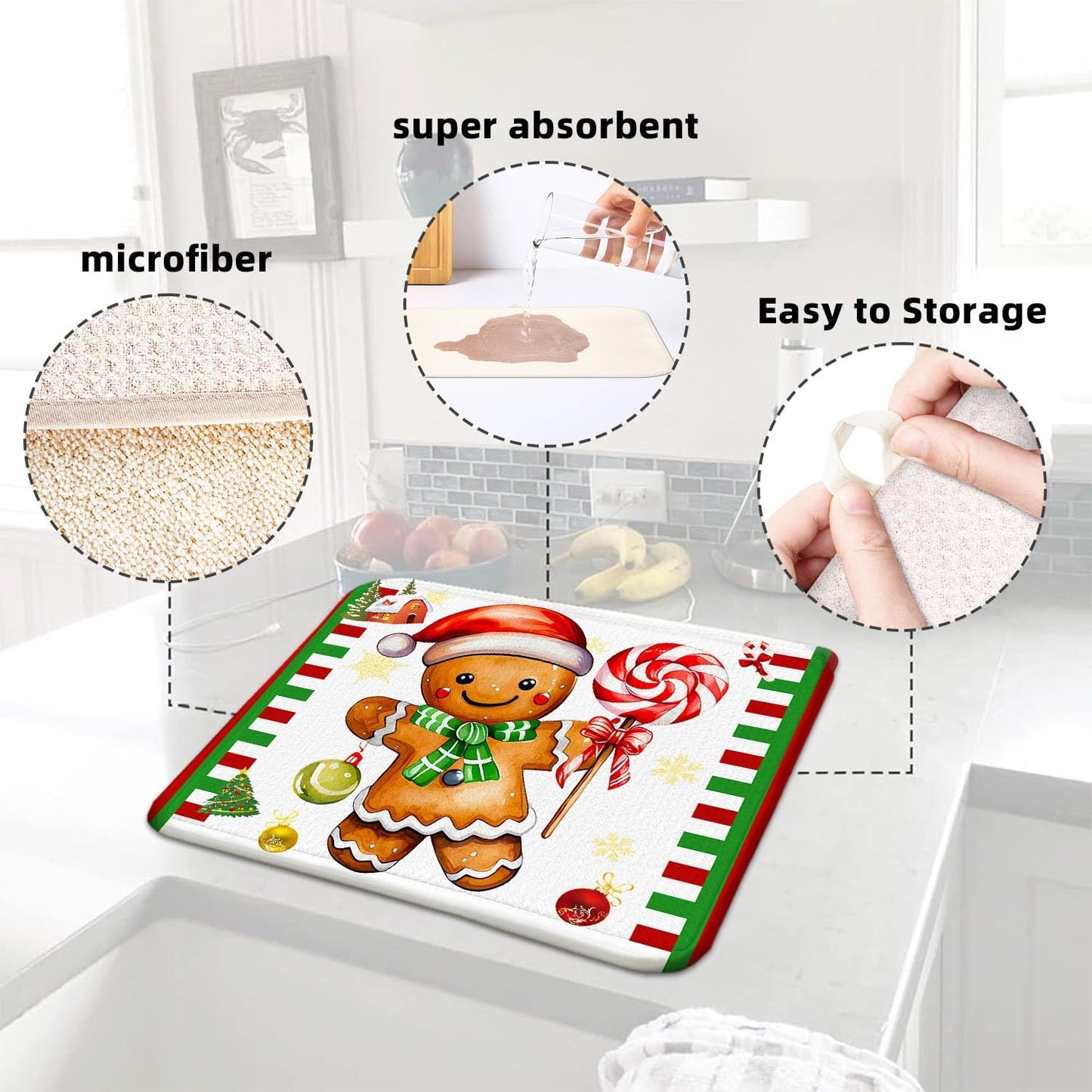Christmas Drying Mat for Kitchen Counter 16" X 18" Gingerbread Dish Drying Mat for Kitchen Decor Gold Bells and flowers Xmas Drying Mats For Home Counter Drying Mats For Dishes Dish Mat Drying Mat