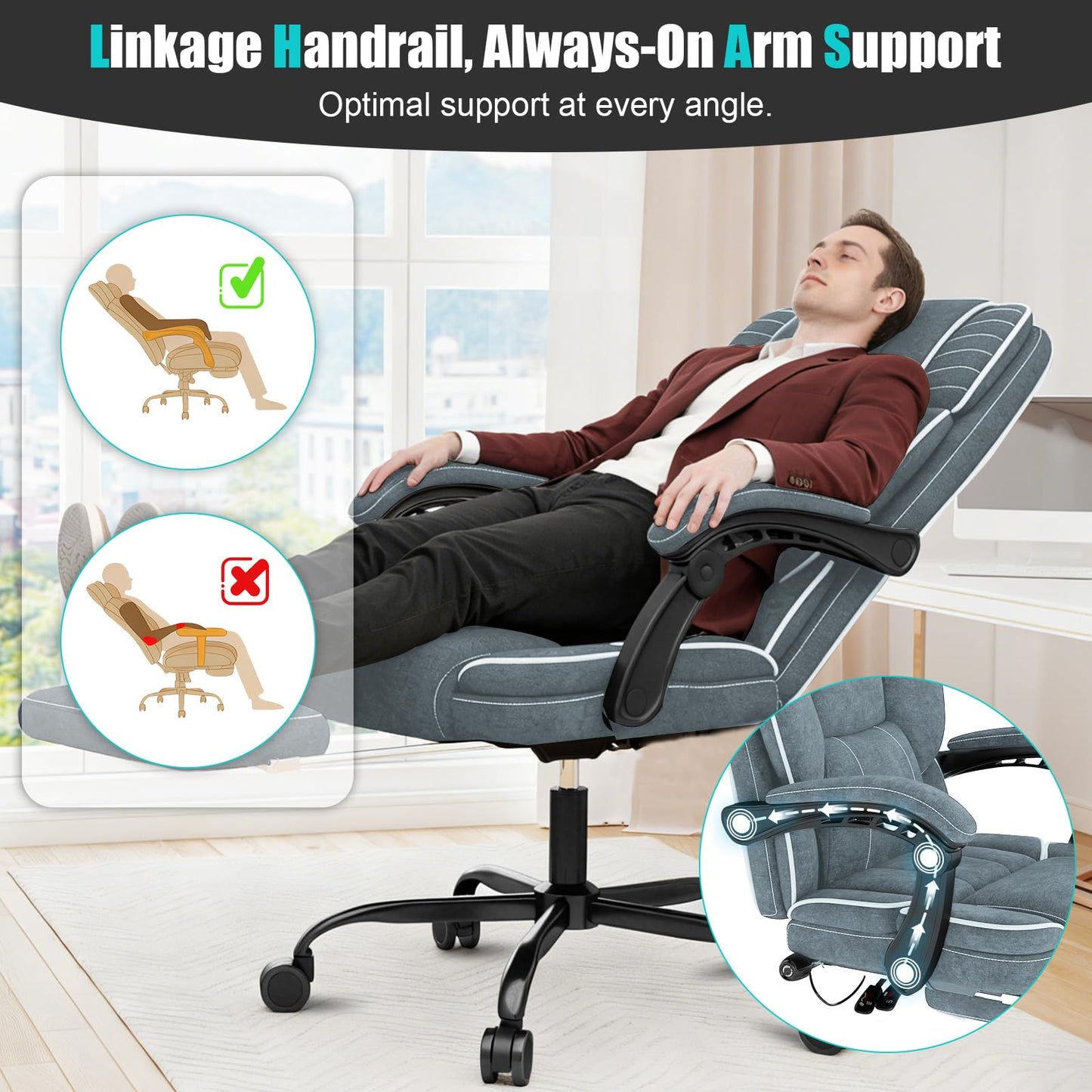 Executive Office Chair with Footrest, Ergonomic Reclining Computer Desk Chair with Adjustable Lumbar Support, 360° Swivel, Breathable Fabric, 400lbs Capacity for Home & Office