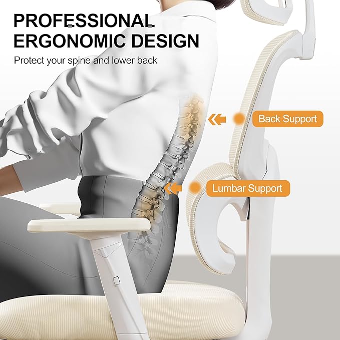 BOWTHY Ergonomic Office Chair,Home Mesh Office Desk Chairs,High Back Office Chair 330 LBS,Swivel Computer Chair with 2D Armrest,Adjustable Headrest,Lumbar Support,Rocking Function (Beige)