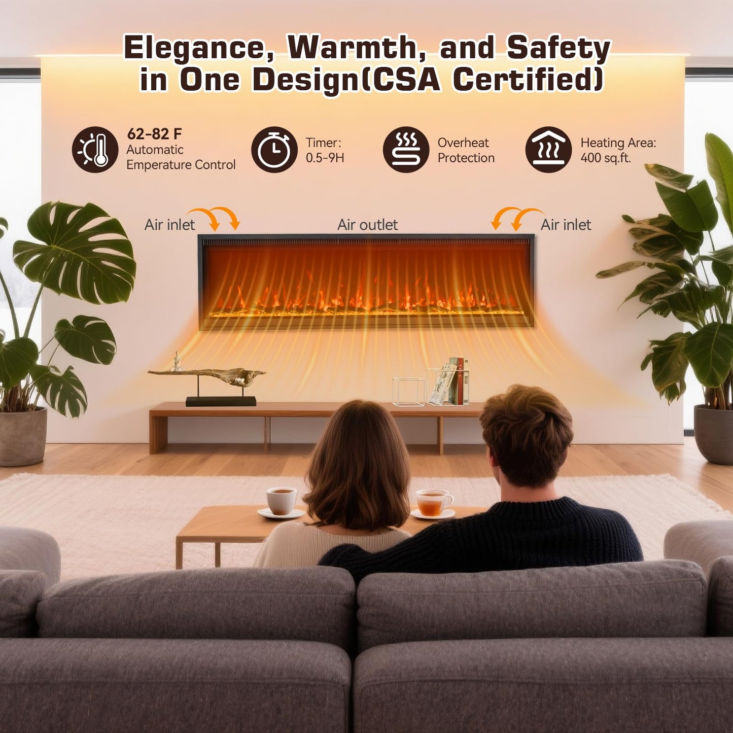 Kukoofyer 40" Electric Fireplace, Ultra-Narrow Bezel Recessed & Wall Mounted Fireplace Heater, Adjustable Color Flame, Linear Fireplace, Timer, Touch Screen, Remote Control, Log & Crystal, 750/1500W