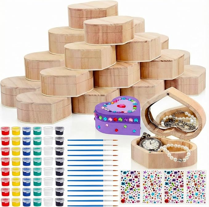 Kigley 24 Set Valentine's Day Gift Unfinished Wooden Box Crafts Heart Treasure Box with Mirror Rhinestones Stickers for DIY Jewelry Keepsake Storage Art Crafts Paint Party Favor Suitable for 15+