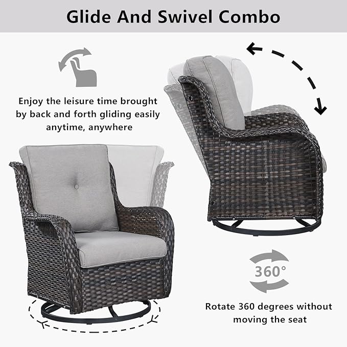 Belord Wicker Outdoor Furniture Patio Furniture Set - 6 Piece Patio Conversation Set with Swivel Rocker Chairs, Loveseat Sofa, Ottomans and Coffee Table, Gray Cushion