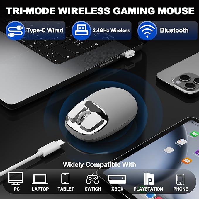 YUNZll C1 Silicone Wireless Mouse, Tri-Mode 2.4G/USB-C/Bluetooth Mouse, 4800 DPl Optical Tracking, 6 Adjustment Levels,Customize Mice for Laptop, Computer, iPad, MacBook (Gray Silver)