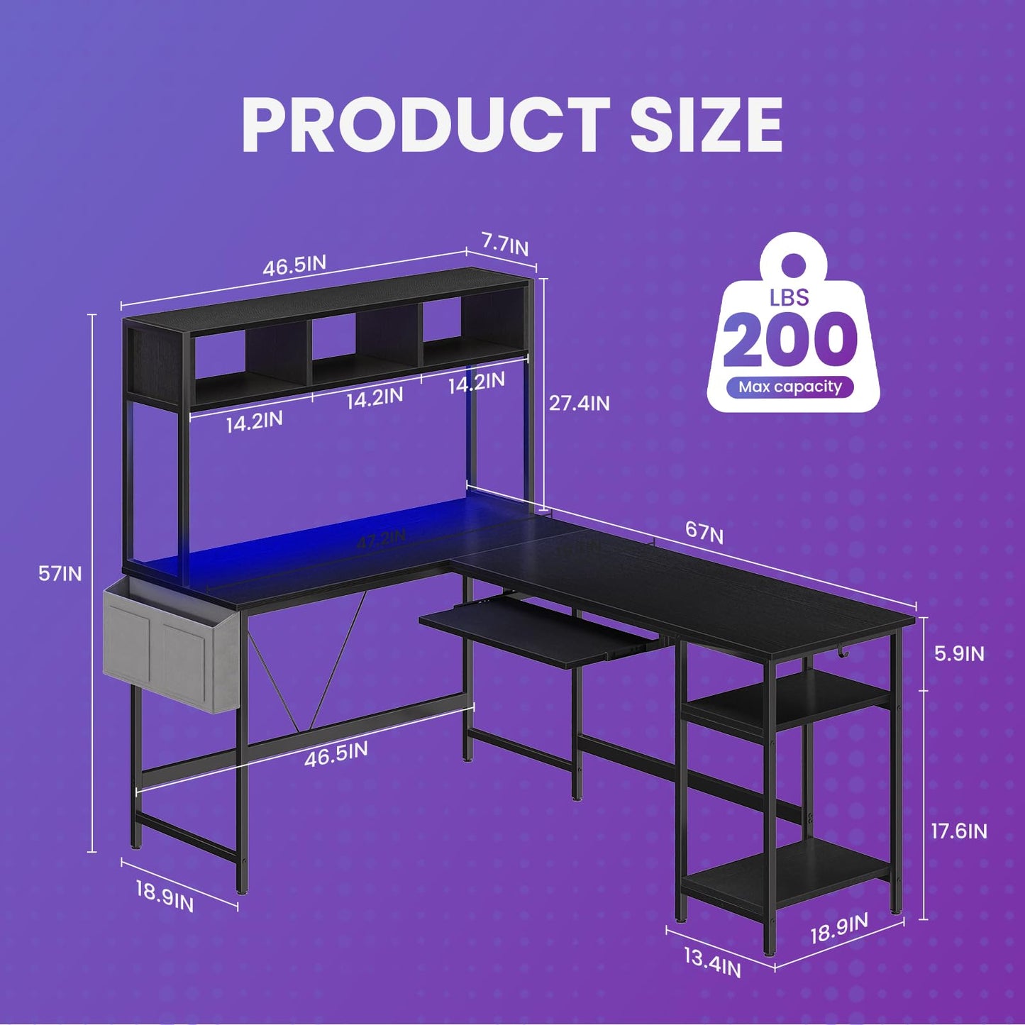 DUMOS 67" L Shaped Gaming Desk, Corner Desk for Compact Spaces with Keyboard Tray & Storage Shelf,Reversible Computer Desk with LED Lighting,Metal Frame PC Gaming Table for Home Office Bedroom, Black