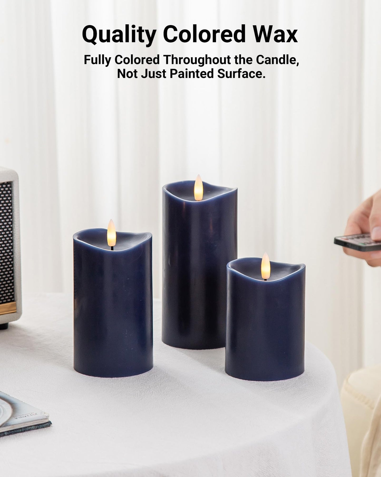 Velsyn Navy Blue Flameless Candles with Remote and Timer, Real Wax Made LED Pillar Candles Battery Operated with 3D Flickering Flame Melted Top, 3" x 4", 3" x 5", 3" x 6", Navy Blue Decor, Set of 3