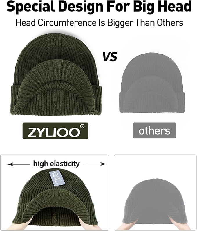 Zylioo Oversize Beanie Hats, XXL Big Size Ribbed Knit Cuffed Winter Hat for Cold Weather, Warm Skull Watch Cap