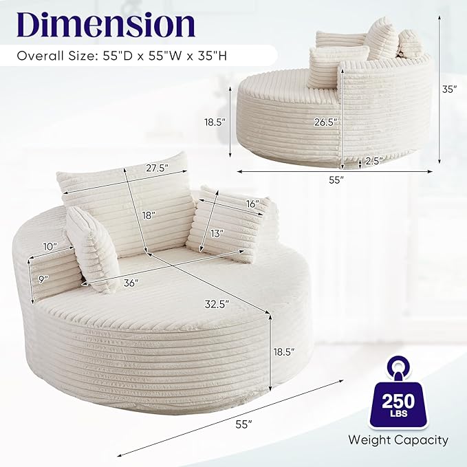 360-Degree Oversized Swivel Chair, Modern Round Circle Corduroy Comfy Deep Seat Swivel Accent Chaise Lounge Sofa Chair with Back Cushion & 2 Throw Pillows for Living Room Bedroom Office, Beige