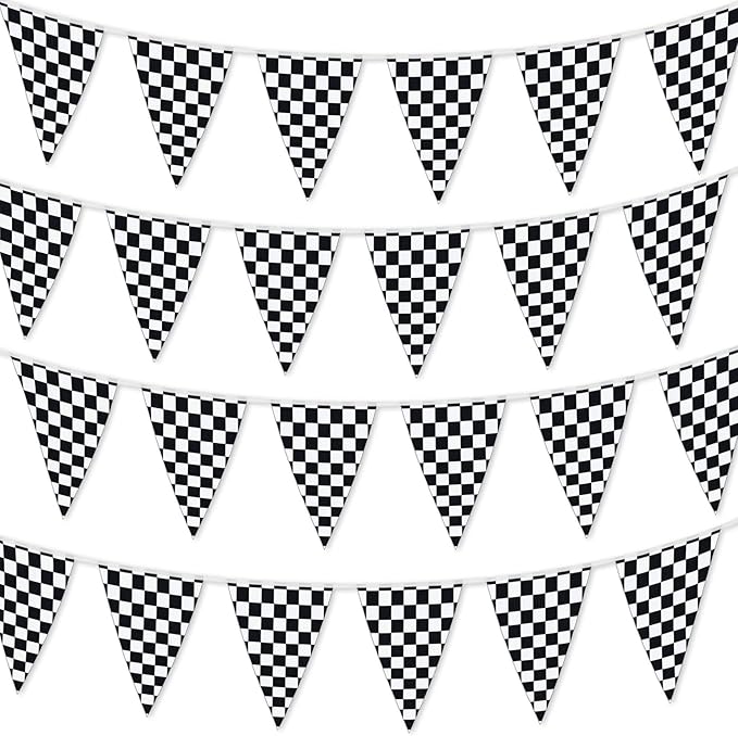 Checkered Flags Black and White 100’ FT Pennant Racing Banner | NASCAR Theme Party Decoration Plastic Flag | Race Car Part...
