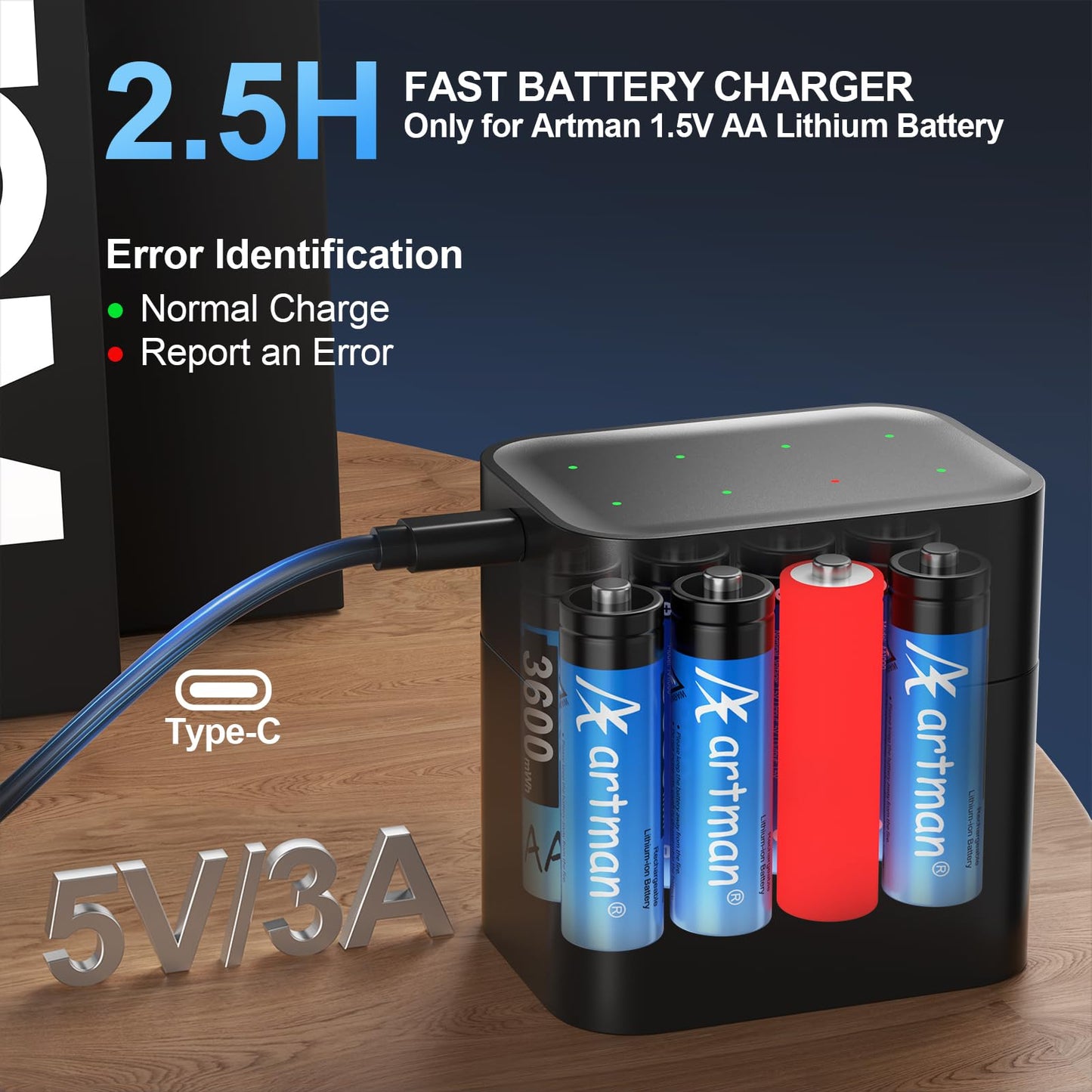 A Artman 8 Pack 3600mWh Rechargeable Lithium AA Batteries with Charger for Blink Outdoor Camera, 1.5V Constant Output Double A Battery Rechargeable, 2000 Cycle Charging Time (Blue)