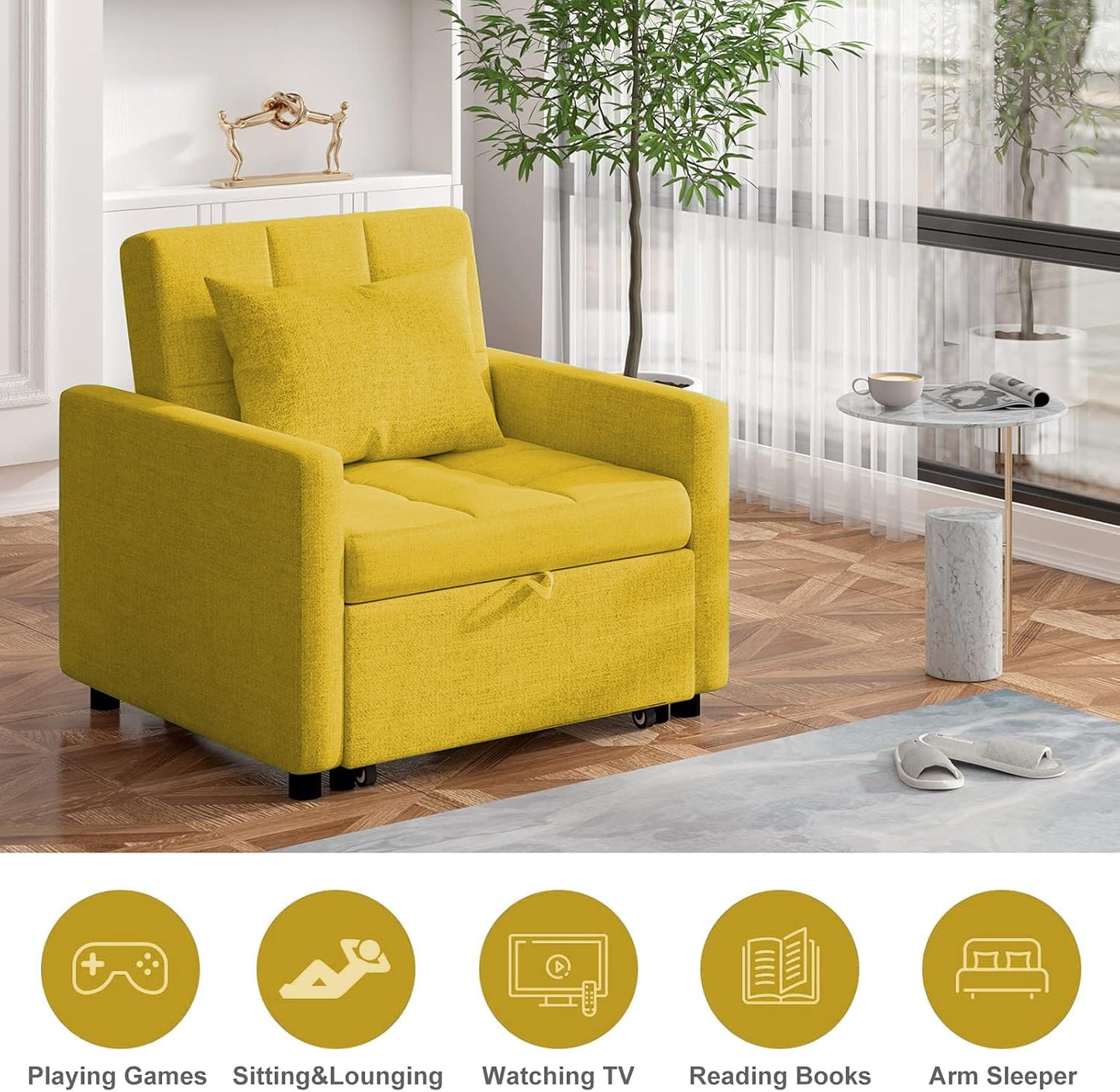 saows 3 in 1 Convertible Chair Bed, Convertible Sleeper Chair Bed, Lounger Chair, Adjustable Backrest with Pillow, Modern Sofa Bed for Living Room Apartment, Bright Yellow
