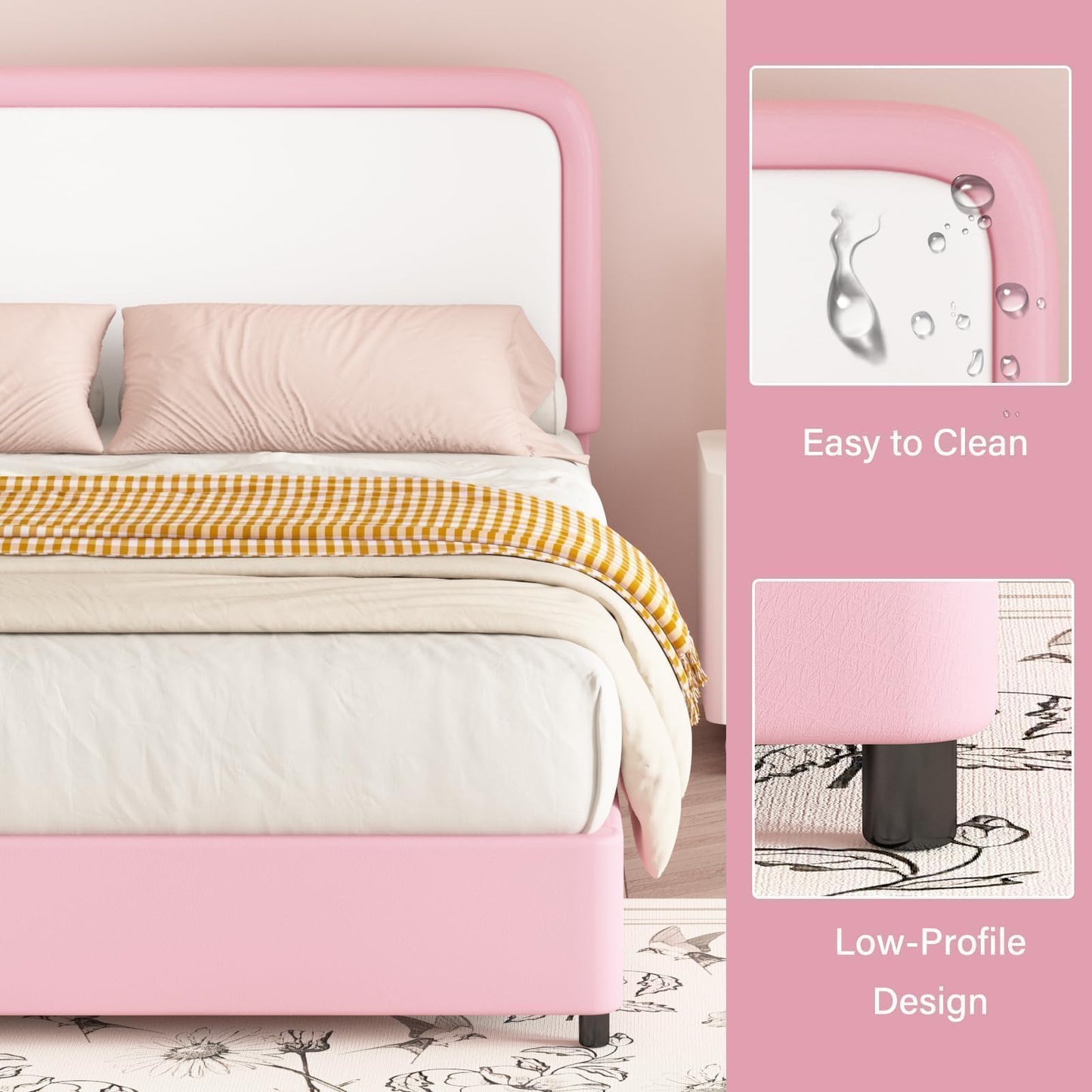 Twin Bed Frame with Headboard, Bed Frame Twin Size with Wood Slats Support, No Box Spring Needed, Easy Assembly, Pink