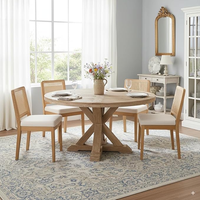 Farmhouse Rattan Dining Chairs Set of 4, Mid Century Modern Kitchen & Dining Room Chair, Rectangle Cane Upholstered Kitchen Chairs Side Chairs with Natural Wooden Legs, White Chenille
