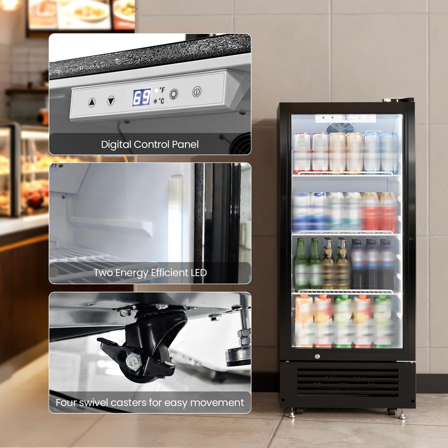 Kismile 6 Cu.Ft Commercial Refrigerator, Beverage Cooler with Wheels, Lock & Key, Adjustable Shelves, Double-Tempered Glass Door Drink Fridge for Bar, Restaurant or Home