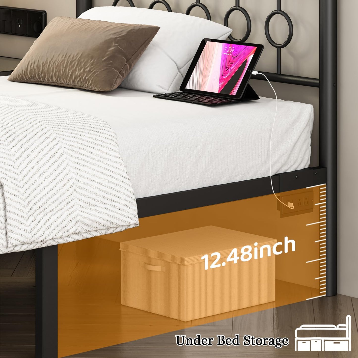 Jenmit Twin Bed Frames with Headboard, LED Bed Frame with Charging Station, Metal Platform, Under-Bed Storage, No Box Spring Needed, Noise Free, Easy Assembly, Black