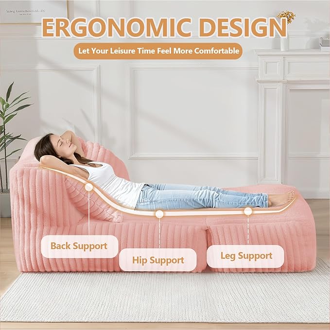 Giant Bean Bag Lounger Sofa with Pillow, Large Beanbag Chair for Adults, Oversized Comfy Beanbag Lazy Floor Sofa, Bean Bag Couch with Memory Foam Filled for Living Room, Bedroom, Pink