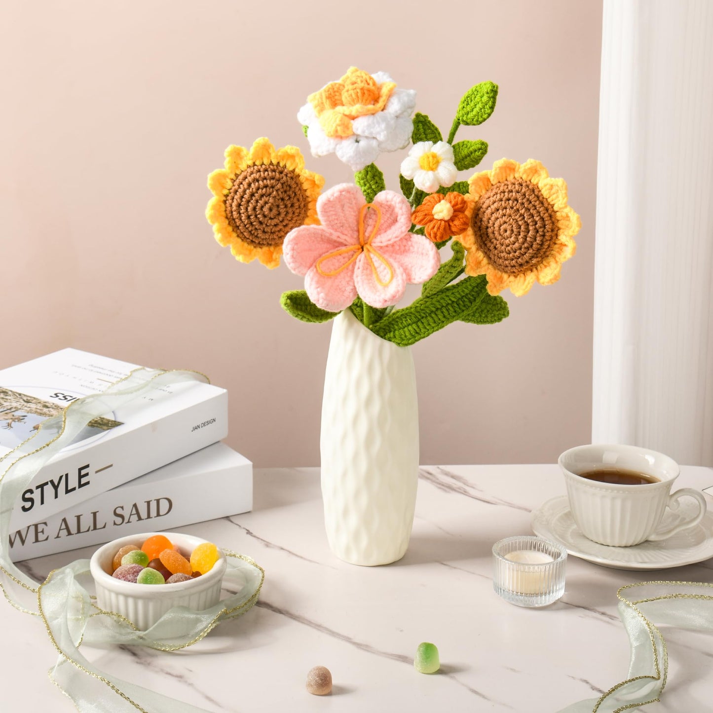 Gouraml Crochet Flower Bouquet Handmade Crochet Flowers Gifts, Crochet Tulips Sunflowers Roses 7Pcs for Mothers Day Weddings Birthdays Home Decor Ideal for Women Moms Wife Friends(Orange)