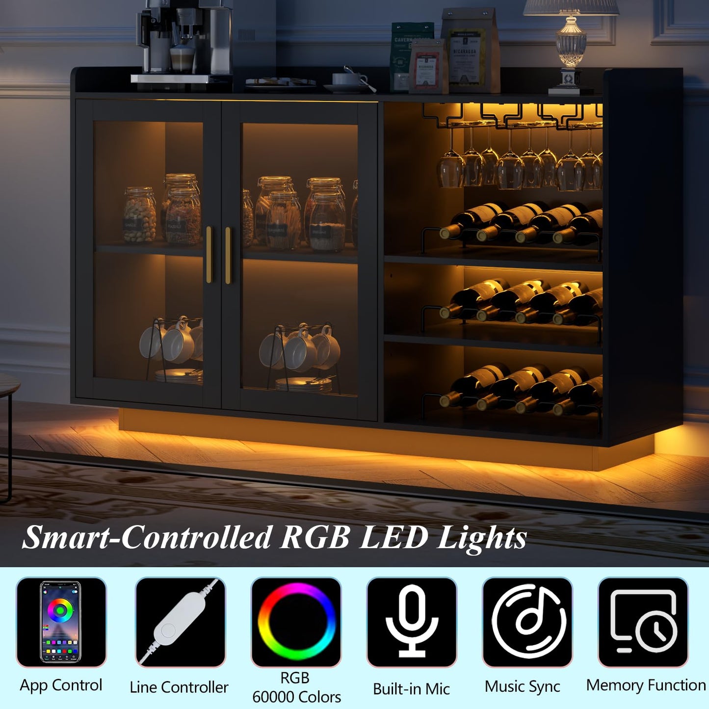 Loomie Wine Bar Cabinet with LED Lights, Floating Coffee Bar with Glass Rack and Removable Wine Racks, Modern Buffet Sideboard with Storage Shelves, Kithchen Bar with Glass Cabinet Doors, Black