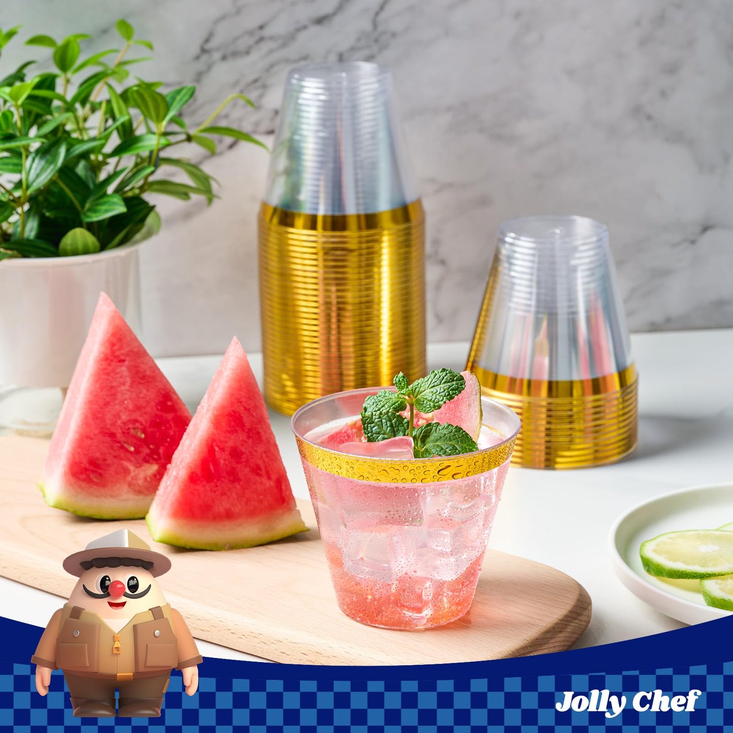 JOLLY CHEF 100 Pack Gold Plastic Cups, 9 oz Clear Plastic Tumblers, Elegant Gold Rimmed Cups, Disposable Glasses Perfect for Wedding, Thanksgiving Day, Christmas Party