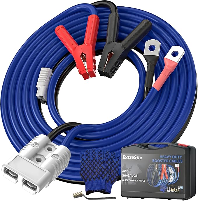 2/0 Gauge 30 FT Heavy Duty Jumper Cables, 1500Amp Quick Connect Booster Cables for 12V & 24V Cars, SUVs and Trucks, Kit with Carry Case, Gloves, Brushes