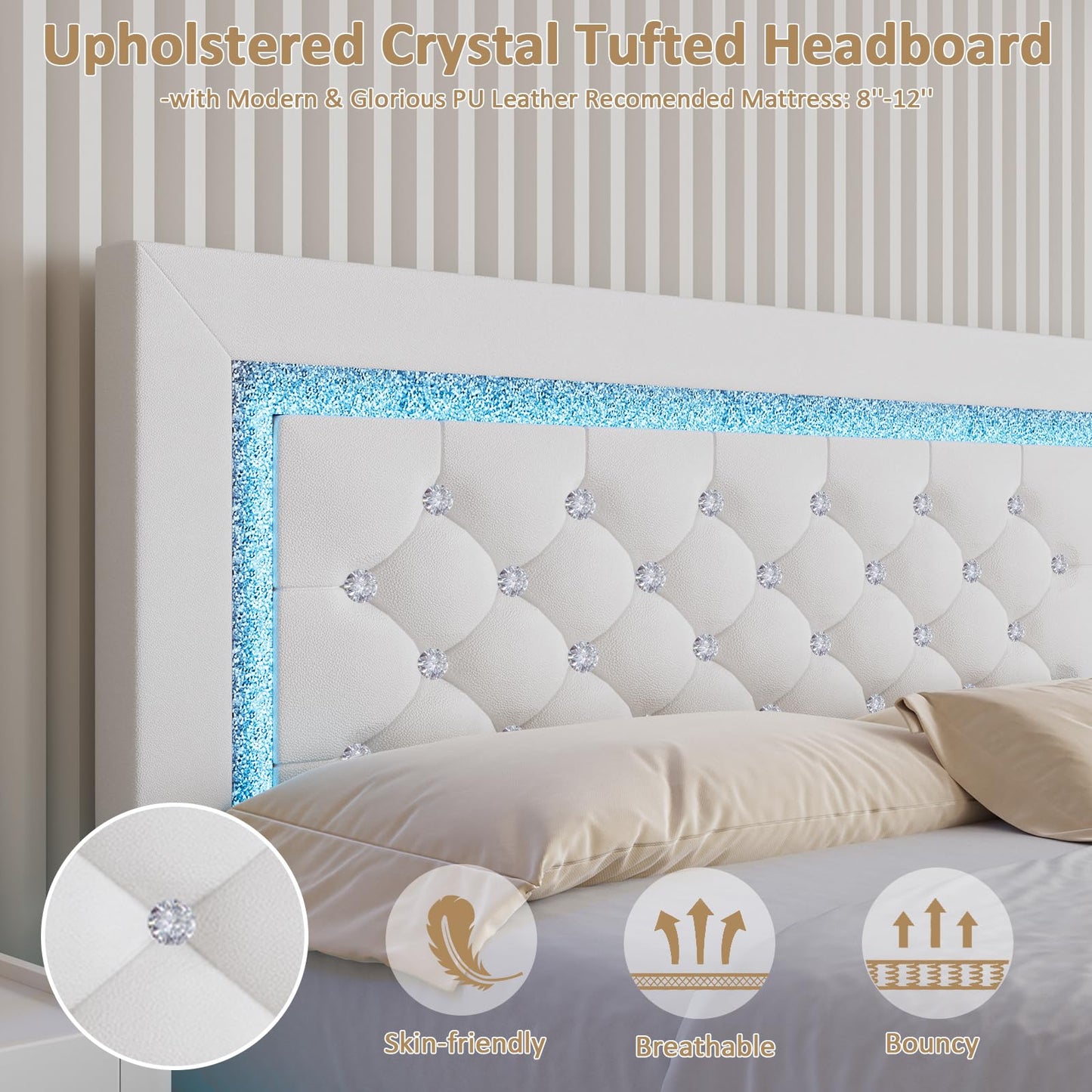 Floating Bed Frame Queen with LED Lights, Upholstered Platform Bed with Diamond Tufted Headboard, No Box Spring Needed, Noise Free, Easy Assembly, White