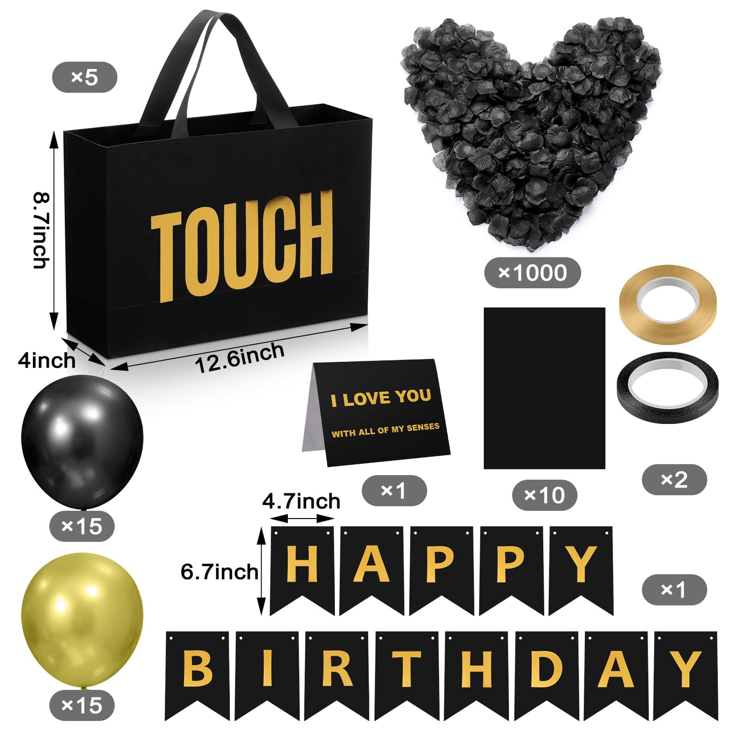 Soulchen 5 Senses Gift Birthday Decorations Five Senses Gift Bags Party Decoration with Happy Birthday Banner Taste Touch Sound Rose Petals Balloon for Party(Black Gold)
