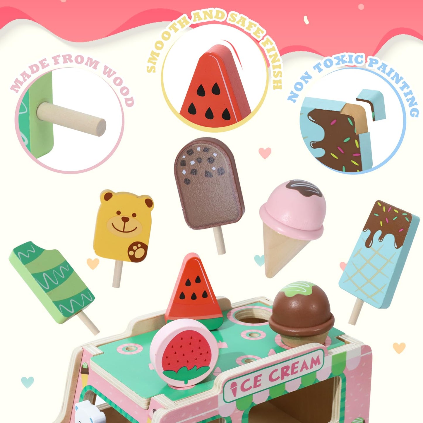 XIAPIA Ice Cream Toys for Girls, Wooden Ice Cream Cart, Pretend Play Toys for 1 2 3 Year Old, Play Food Truck Store for Toddlers 1-3, Boys Ice Lolly Shop Playset, Birthday Gifts for Baby 12-18 Month