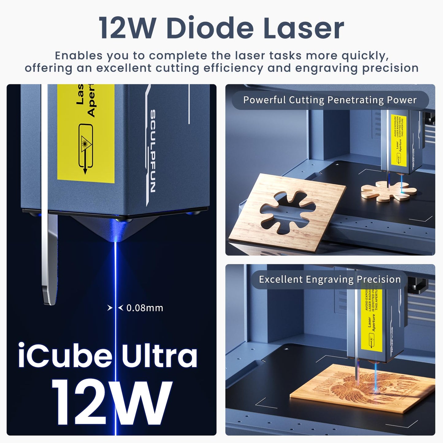 SCULPFUN iCube Ultra Dual Laser Engraver, 12W Diode + 1.2W Infrared, Auto Focus Function, with Smoke Filter, Desktop Engraving Machine for Jewelry, Metal, Wood & Leather, 5.9 * 5.3" Working Area