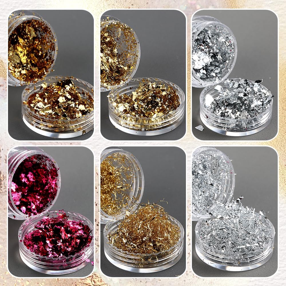 6 Bottles Holographic Nail Glitter Foils, Metallic Gold Silver Hot Pink Ultra-Thin Aluminum Foil Flakes for Nails, Resin Jewelry Making, Painting Art Nail Supplies DIY Manicure Charms Decorations