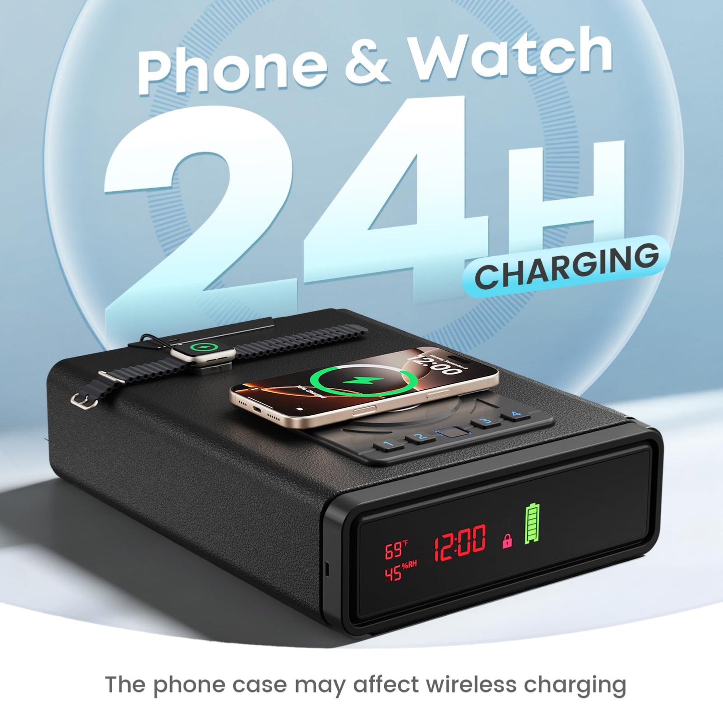 Biometric Fingerprint Gun Safe with Phone & Watch Wireless Charging, 3 Quick Access, Clock Handgun Safe with Adjustable Brightness, Backlit Keypad, Pistol safe for home, office, family