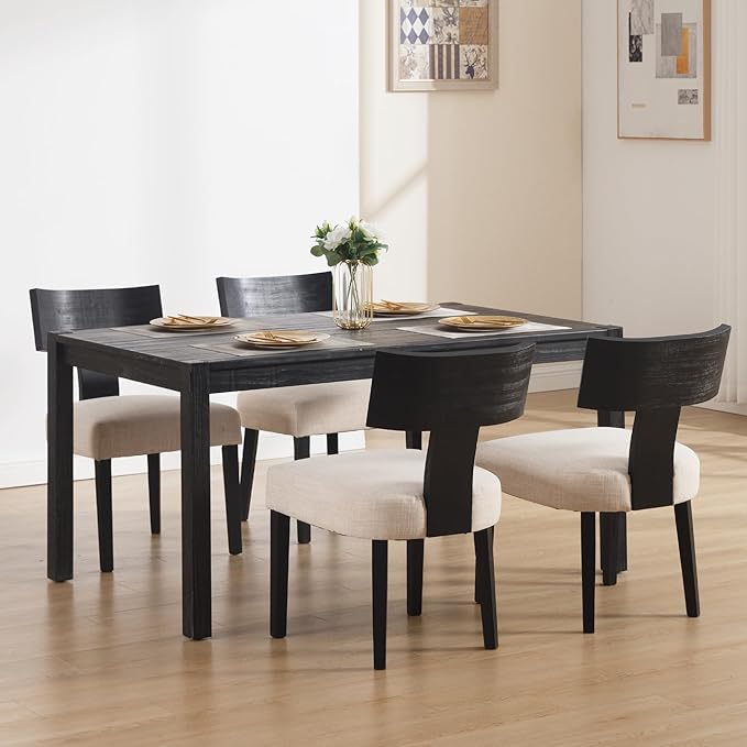 DM Furniture Farmhouse Dining Chairs Set of 4, Linen Fabric Upholstered Kitchen Chairs with Black Distressed Wooden Legs, Comfy Armless Side Chairs for Dining Room/Restaurant, Beige-Black Legs