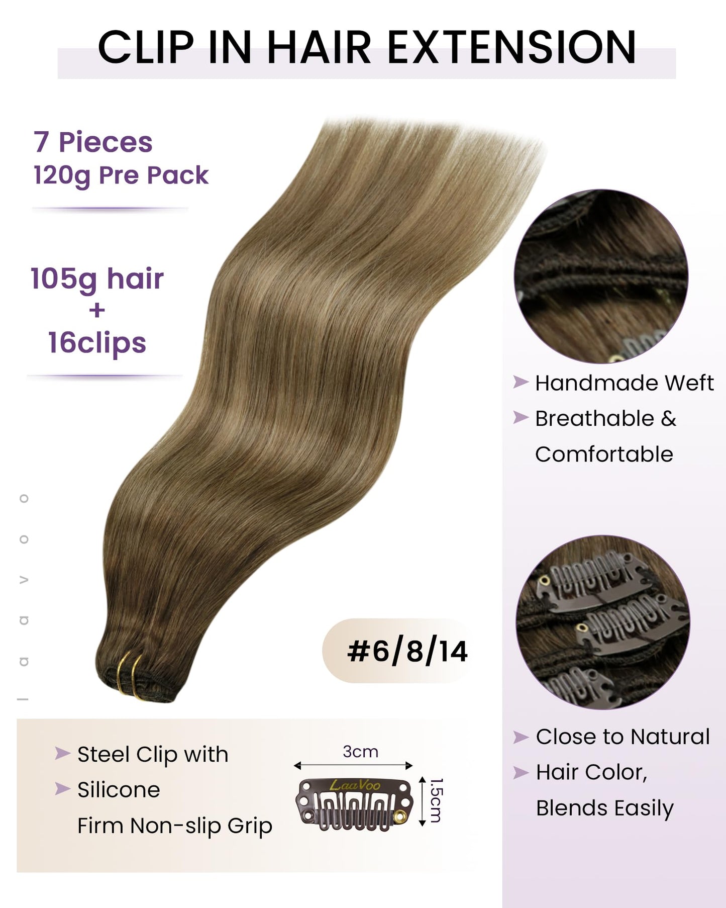 LaaVoo Hair Extensions Clip ins Human Hair Brown Balayage Clip in Hair Extensions Real Human Hair 24 Inch Double Weft 120g 7pcs