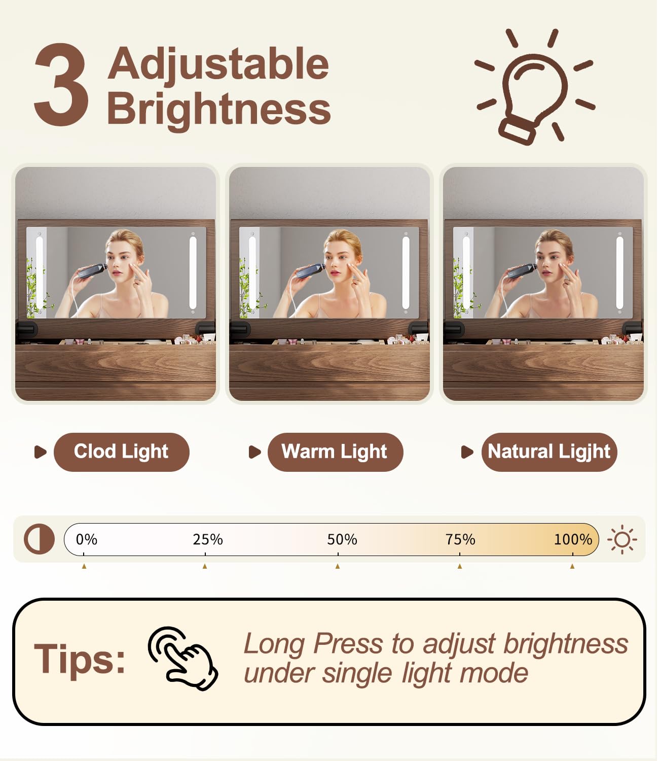 KungFuWood Wood Vanity Desk with Mirror and Lights, Dressing Vanity Table Vanity Set 4 Drawers, 40 Inch Large Make Up Vanity Table Wooden with 3 Lighting Modes Log Color (with Adapter)