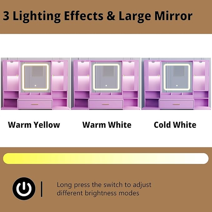 Makeup Vanity with LED Light Strip Mirror and Chair, 7 Drawers & 2 RGB Cabinets Black Vanity Makeup Desk with Power Strip, Adjustable LED Lighting, and Cushioned Stool for Women, Girls, Teens