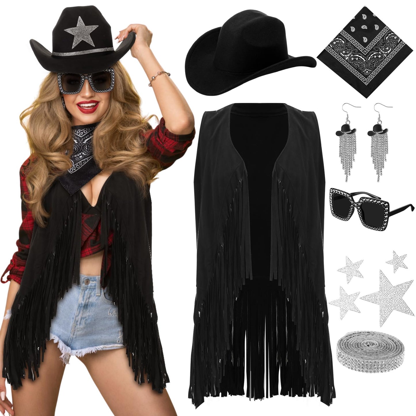 Tiamon Western Costume Accessories for Women Cowgirl Tassels Fringe Vest Cowboy Hat Rhinestone Earrings Glasses Paisley Bandana 70s Hippie Outfits(Black)