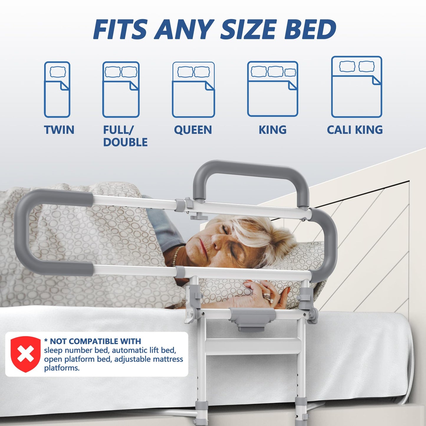 Lemagalu Heavy Duty Bed Rails for Elderly Adults Safety-Foldable Bed Rail for Senior with Adjustable Heights Fits All Bed Sizes，Bed Handle Bedside Assist with Pocket -504M (White and Gray)
