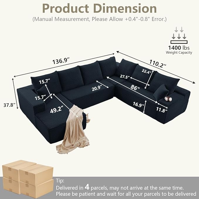 Cloud Sectional Couch with L-Shape Chaise, Upholstered Corduroy Couches Stupendous U Shaped Sofas, Modern Modular Comfy Sofa with Deep Seat for Living Room Bedroom, No Assembly Required, Black