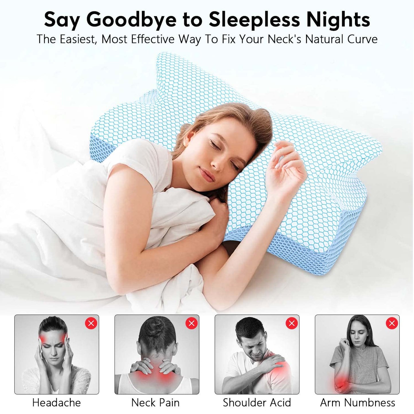 Anvo Cervical Neck Pillow for Neck and Shoulder Pain - Memory Foam Pillows for Pain Relief Sleeping, Contour Orthopedic for Side Back Stomach Sleeper, Blue Firm
