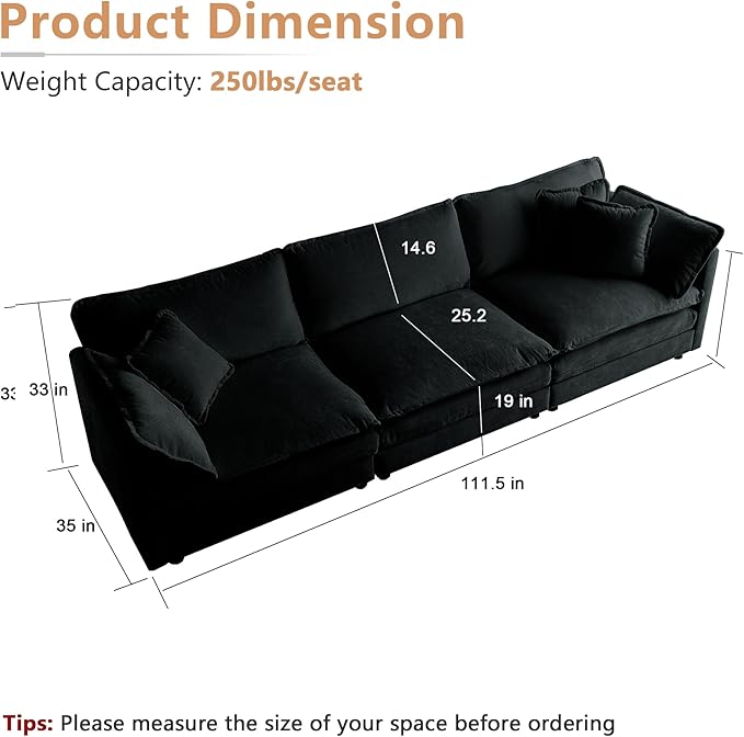 mikibama Luxury Modular Sectional Sofa, 111.5" Modern Chenille Comfy Cloud Couches for Living Room Office, 3 Seater Deep Sofa with 2 Armrest Pillows and 3 Toss Pillows, Black