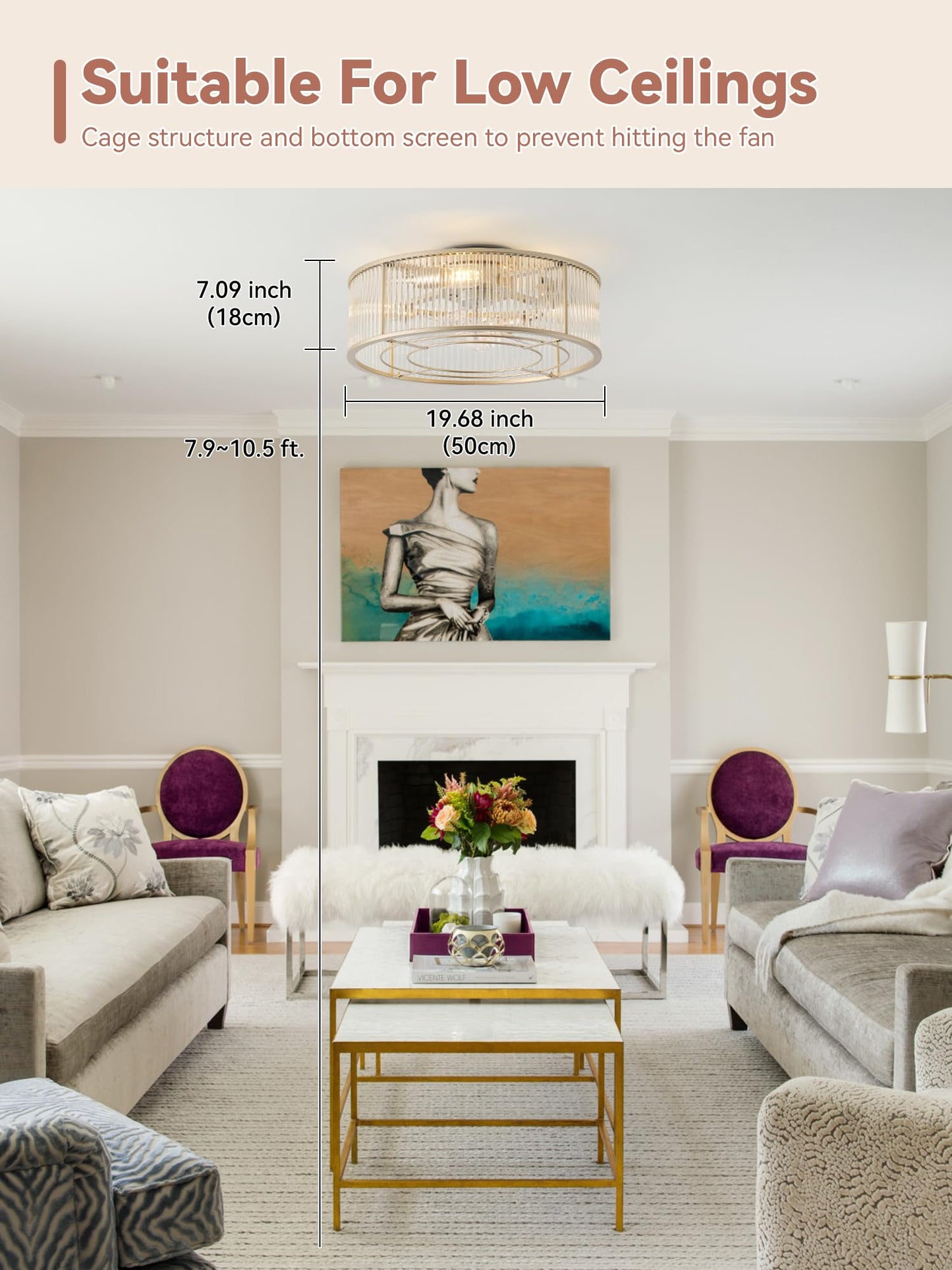Ymkskj Low Profile Ceiling Fans With Lights, 20 Gold Crystal Ceiling Fan With Light Flush Mount And Remote Control, Drum Caged W