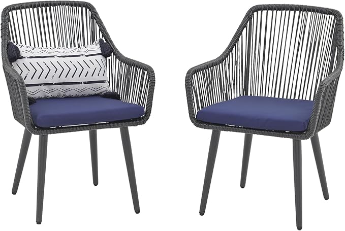 Patiorama Outdoor Dining Chairs, Patio Dining Chair Set of 2, All-Weather Woven Rope Rattan Chairs, Outdoor Dining Wicker Chair with Armrests for Indoor Balcony Pool Backyard(Blue)