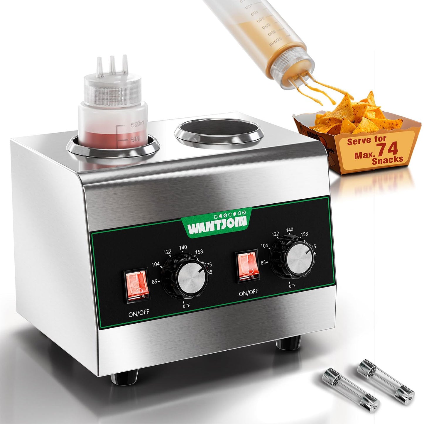 WantJoin Electric Sauce Warmer Dispenser Countertop Stainless Steel Sauce Heat Preservation Machine Hot Fudge Nacho Cheese Ketchup Chocolate Warmer for Commercial with 650ml Squeeze Bottle*2