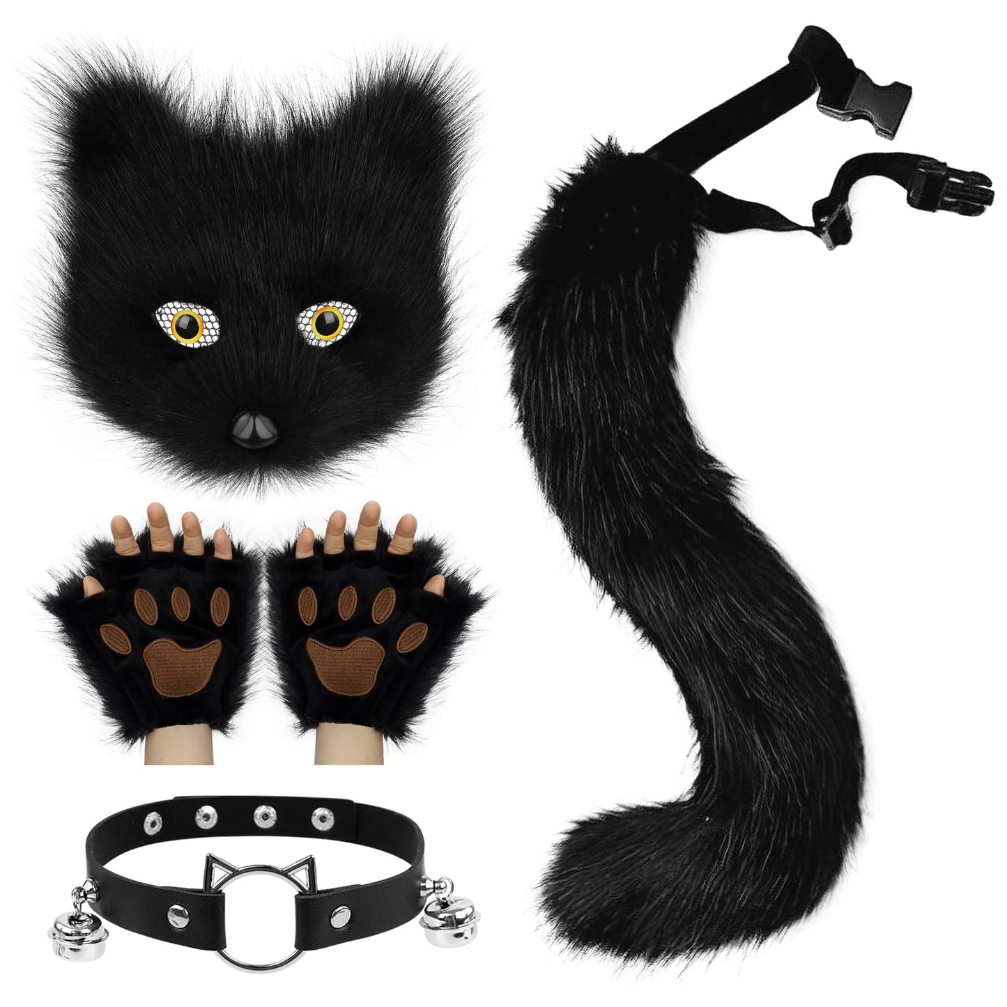 COSYEARS Faux Fur Fox Tail Cat Mask Paw Gloves and Leather Choker Costume Accessories Set for Halloween Cosplay Parties