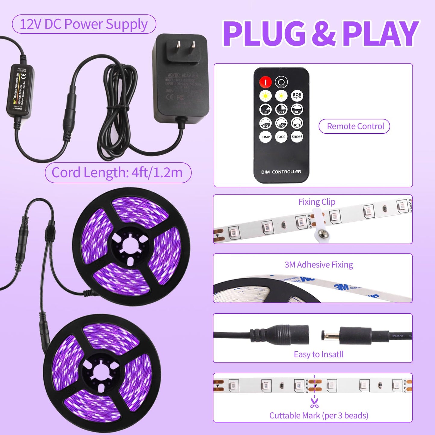 SHGPODA 66 Foot Black Light Strip & Remote, 1200LEDs, Dimmable 12V Flexible Black Lights for Glow Party, Bedroom, Halloween, Fluorescent Tapestry Poster, 3 Lighting Modes, Non-Waterproof