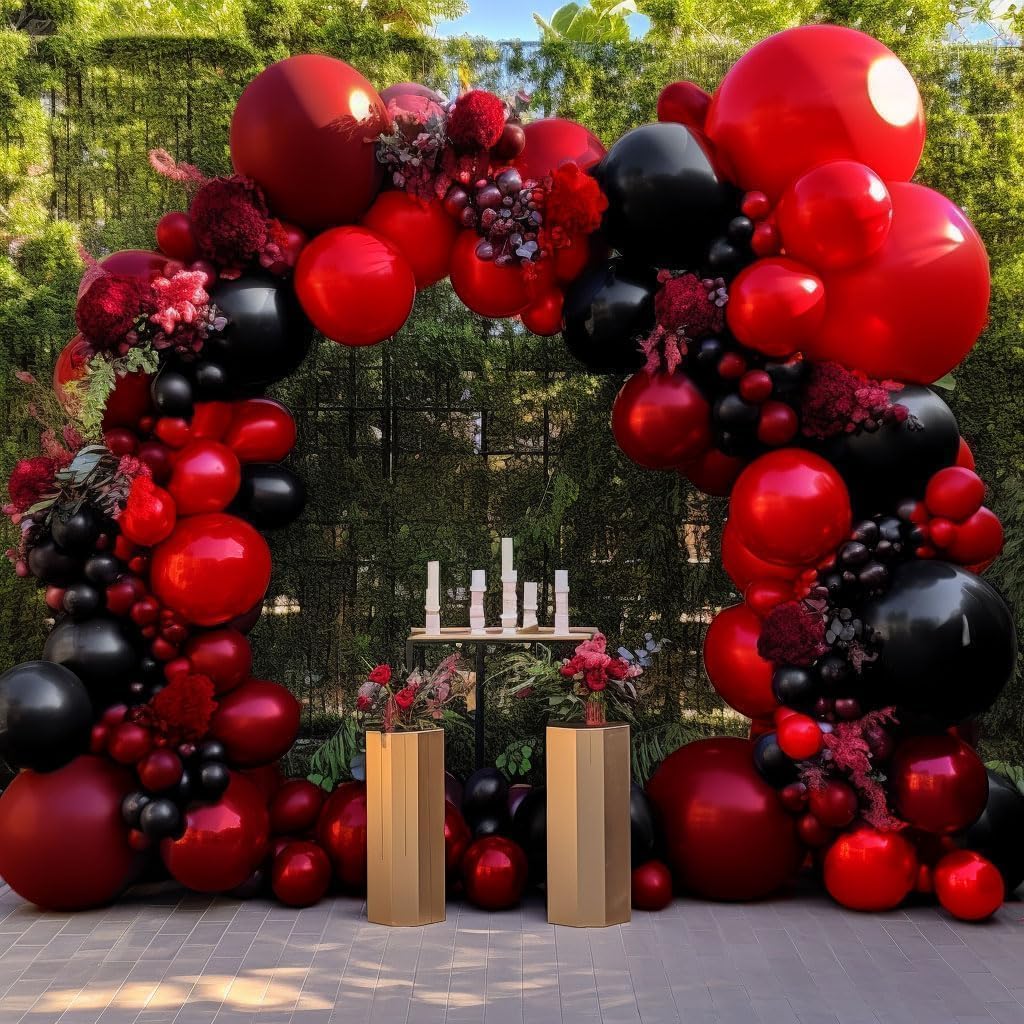 Black Red Balloon Garland Double Stuffed Burgundy Black Balloons Maroon Ruby Red Balloon Arch for Birthday Wedding Halloween Graduation Love Christmas Party Decorations