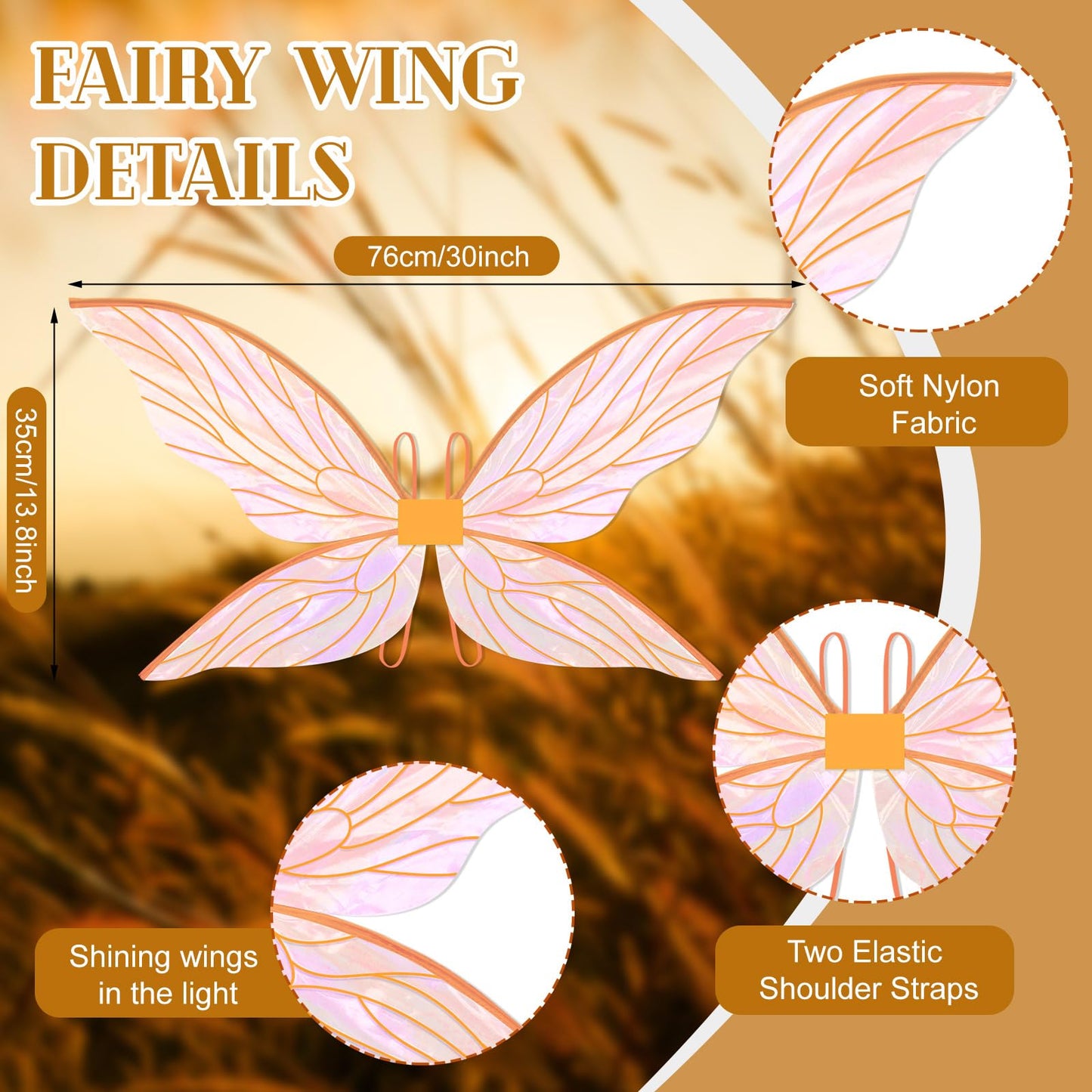 Jenaai 2 Pcs Fairy Wings Halloween Costume Accessories for Girls Adult Women with Wand for Butterfly Cosplay Party(Orange)